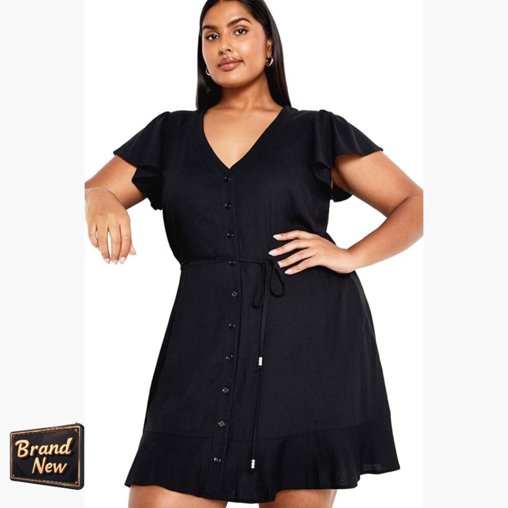Plus Size Button Front Mini Dress With Ruffle Hem And Elastic Waist
